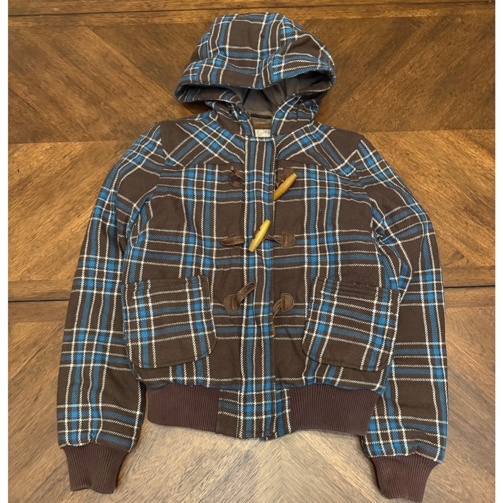 Fossil Plaid Hooded Toggle Jacket Brown Blue Wool Blend Down Fill Mens Medium